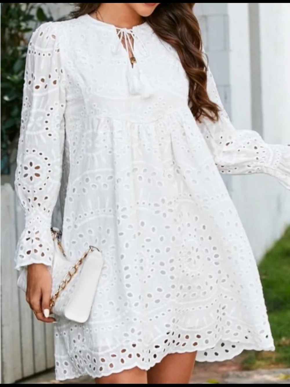 White Eyelet Smocked Mini Dress with Tassel Tie - Picture 7 of 11